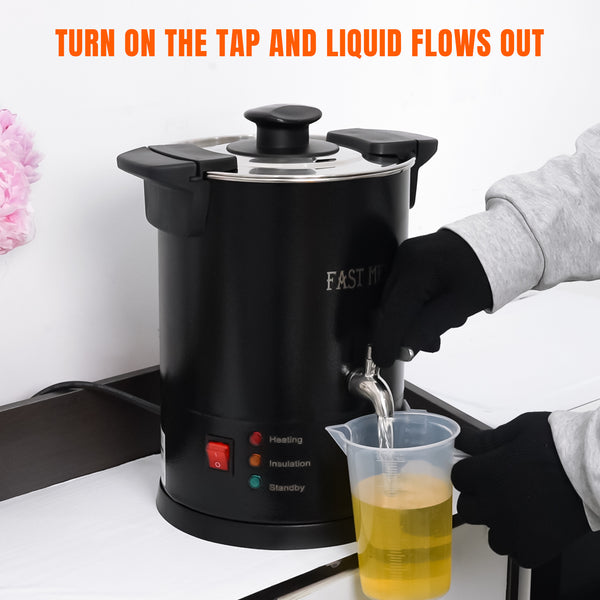 Black hot water bottle being used to heat liquid in a measuring cup with text 'Turn on the tap and liquid flows out'.