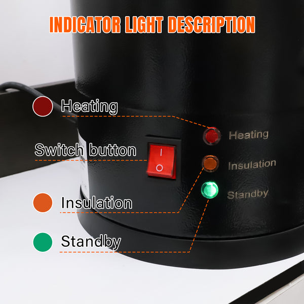 Black electric device with indicator lights and switch labeled 'Heating', 'Insulation', and 'Standby'.