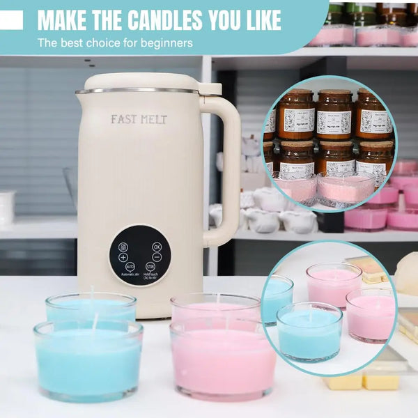 Candle-making kit with a heater and colorful candles on a kitchen counter.
