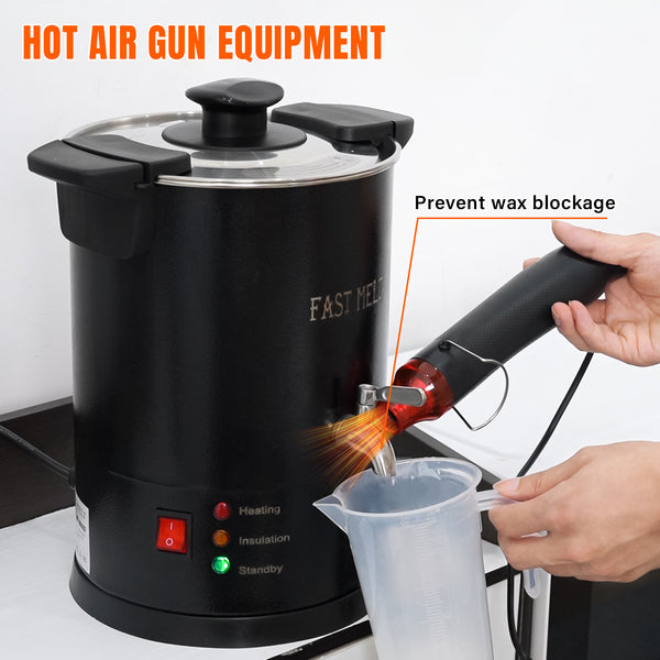 Hot air gun equipment with a person using it to melt wax in a container.