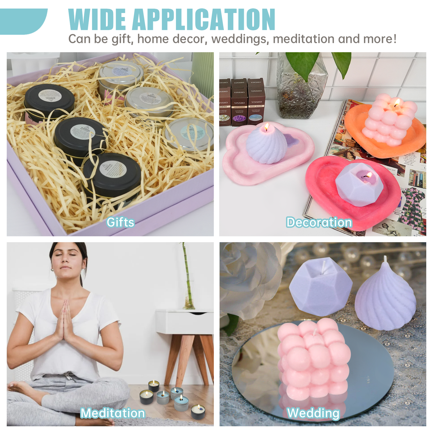 toauto wax melters to make Candle products with various applications including gifts, decoration, meditation, and weddings.