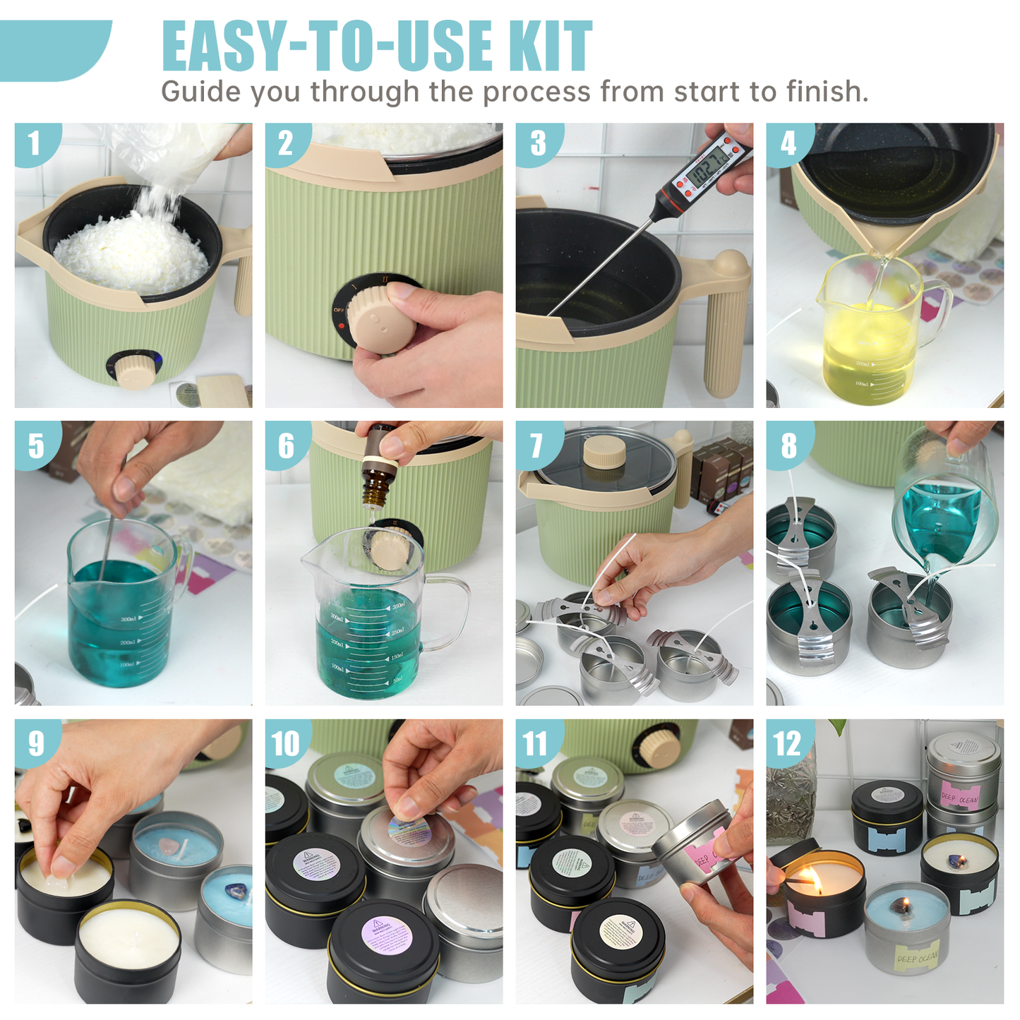 Step-by-step guide on making candles with an easy-to-use kit.
