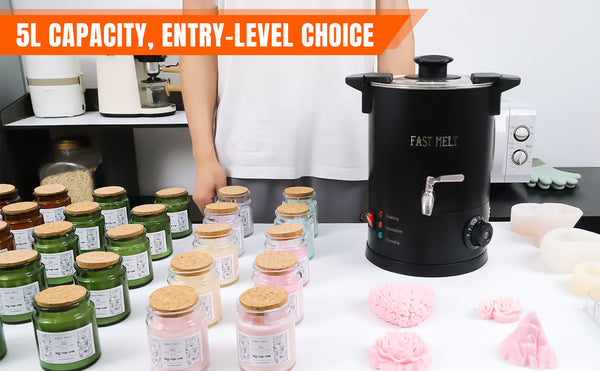 Black Fast Melt wax with jars of wax on a table, labeled '5L Capacity, Entry-Level Choice'.