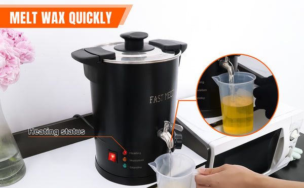 Black waxMelter with a hand pouring liquid into a container, surrounded by text and graphics.