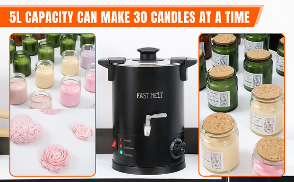 Black candle-making machine with jars of wax and candles on a white background