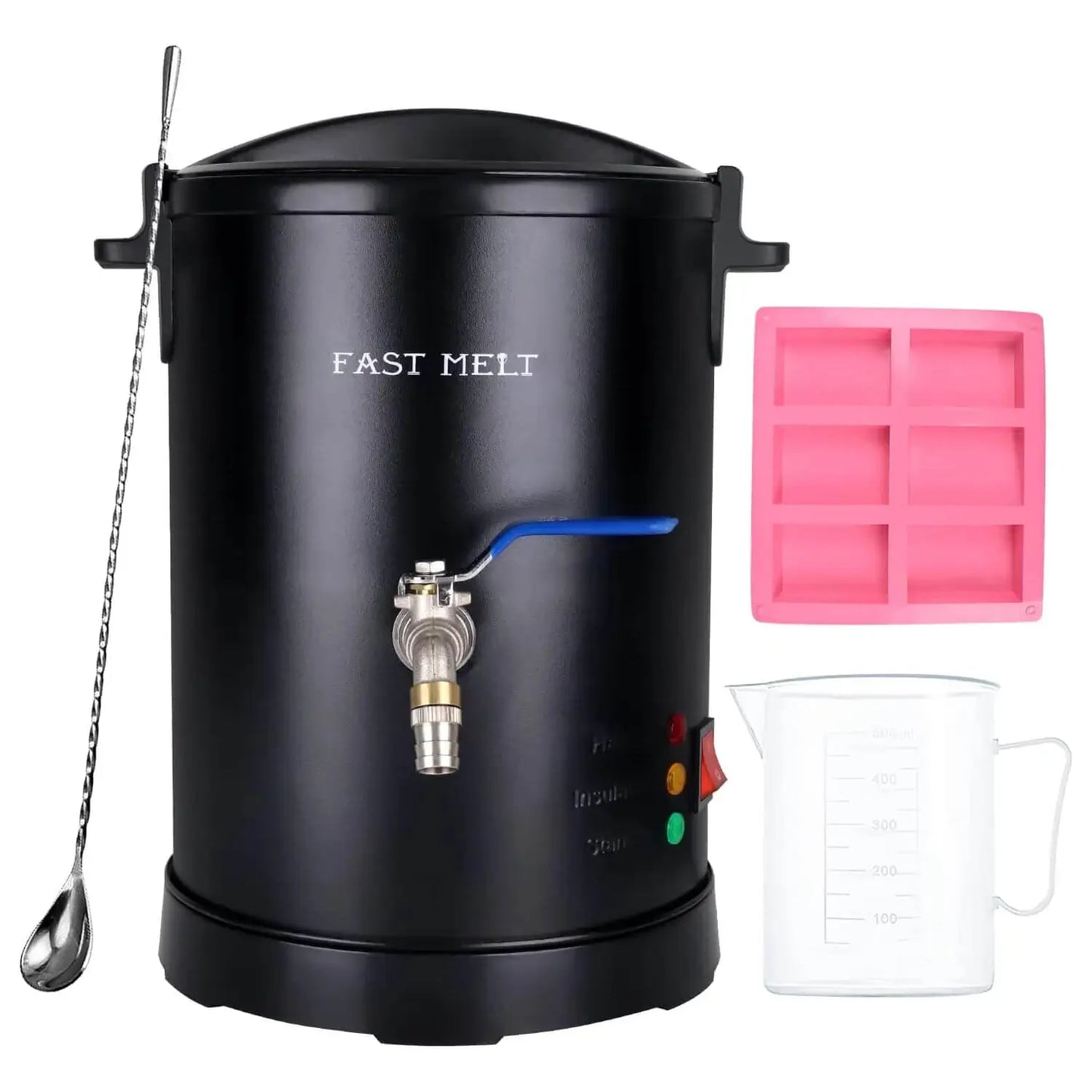 Black waxMelter with pink silicone mold and measuring cup on a white background