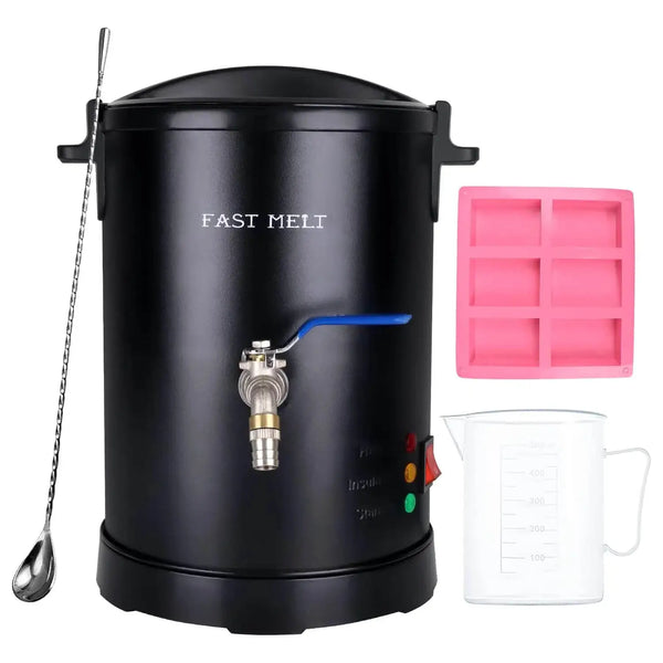 Black waxMelter with pink silicone mold and measuring cup on a white background