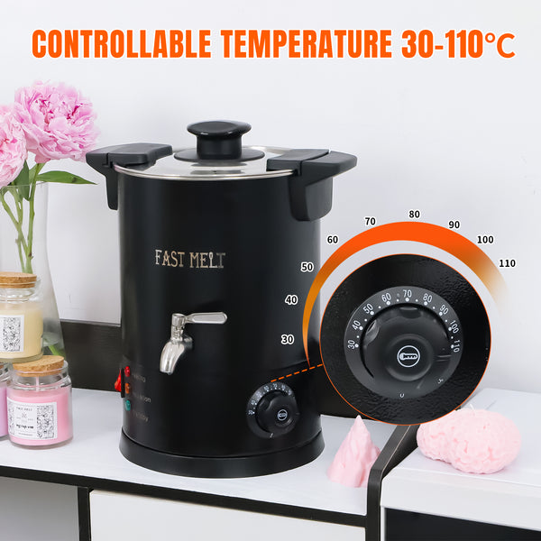 Black temperature control device with a dial and pink flowers in the background