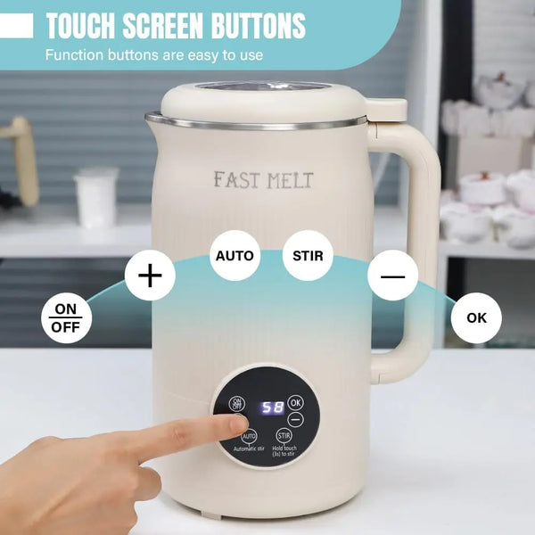 White wax heater with digital display and touch screen buttons on a kitchen counter.