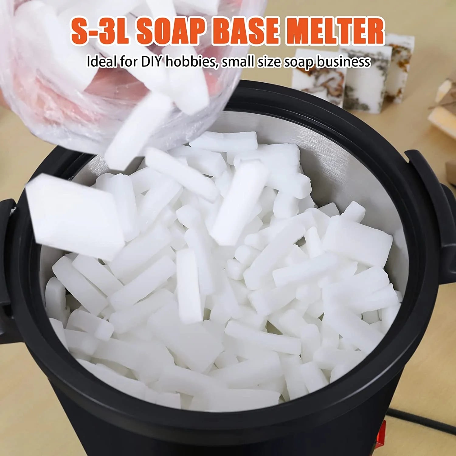 S-3L Soap Base Melter with soap base being poured into it, ideal for DIY hobbies and small soap businesses.