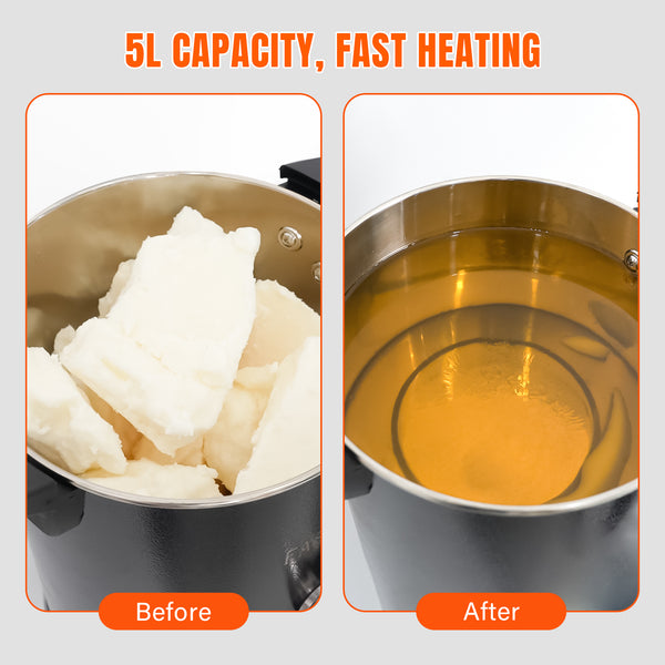 Before and after comparison of a pot with white substance and oil, labeled '5L Capacity, Fast Heating'.