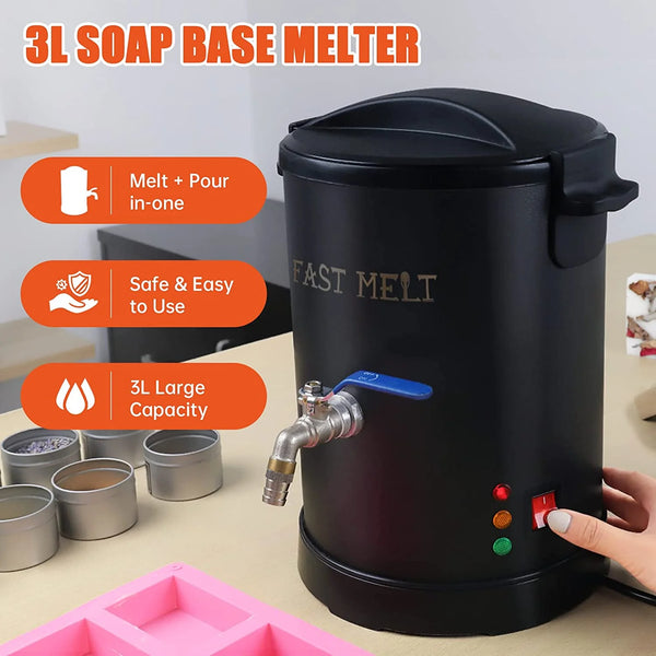Black soap base melter with features highlighted on a light background