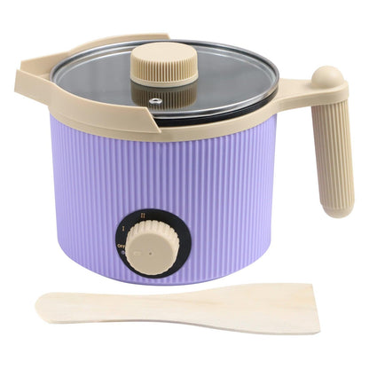Purple electric hot pot with beige lid and handle on a white background