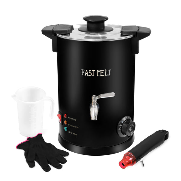 Black metal pot labeled 'Fast Melt' with accessories on a white background