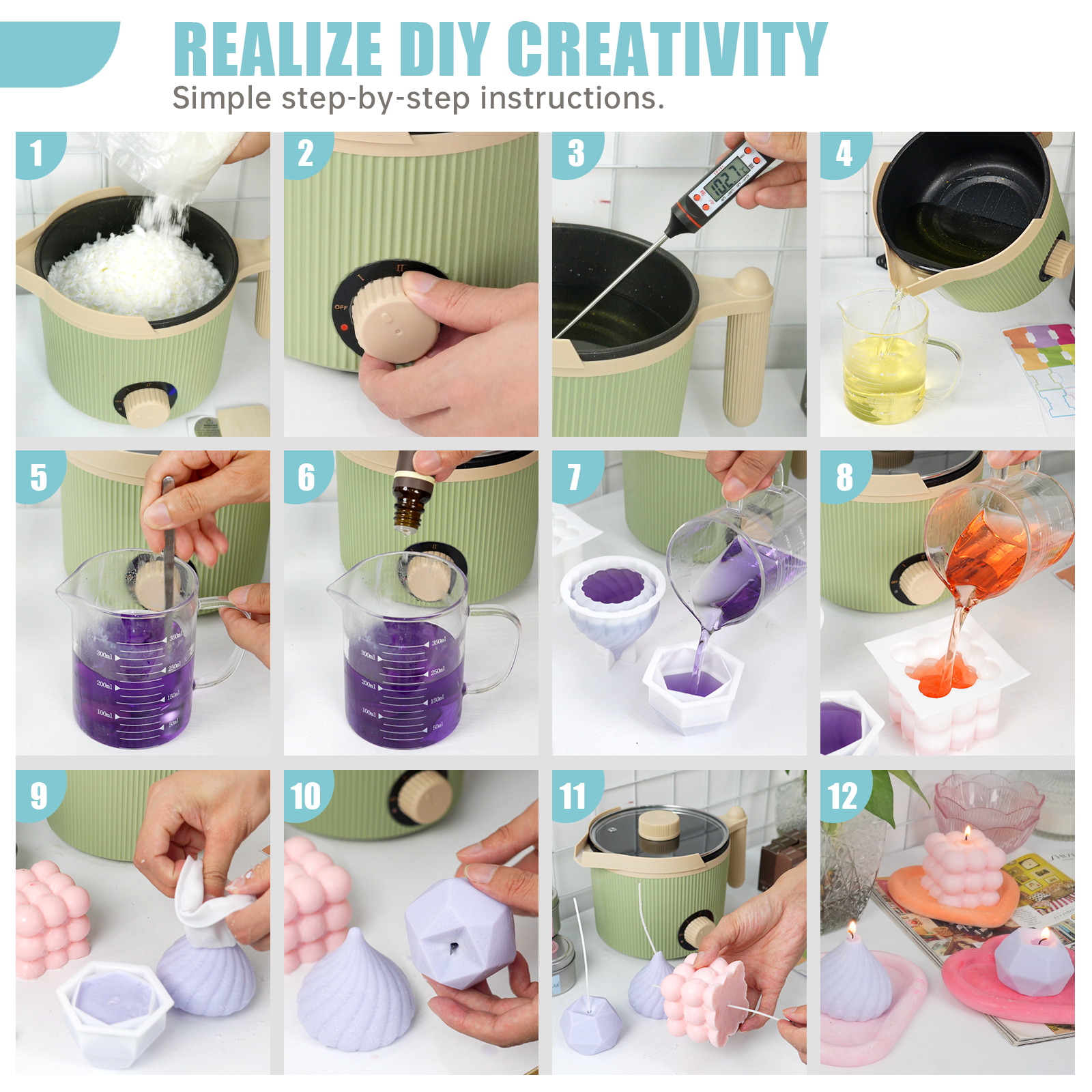 Step-by-step DIY tutorial on creating colorful candles with simple instructions.