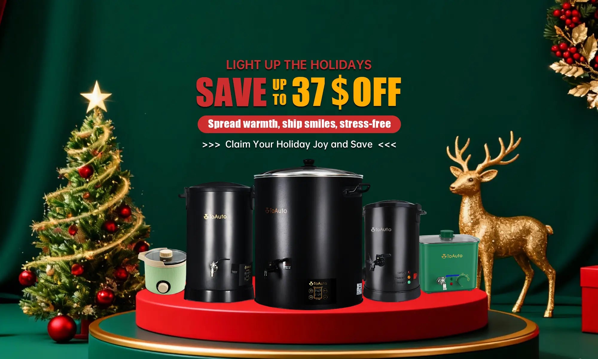 Holiday promotion with coffee makers, Christmas tree, and deer on a green background